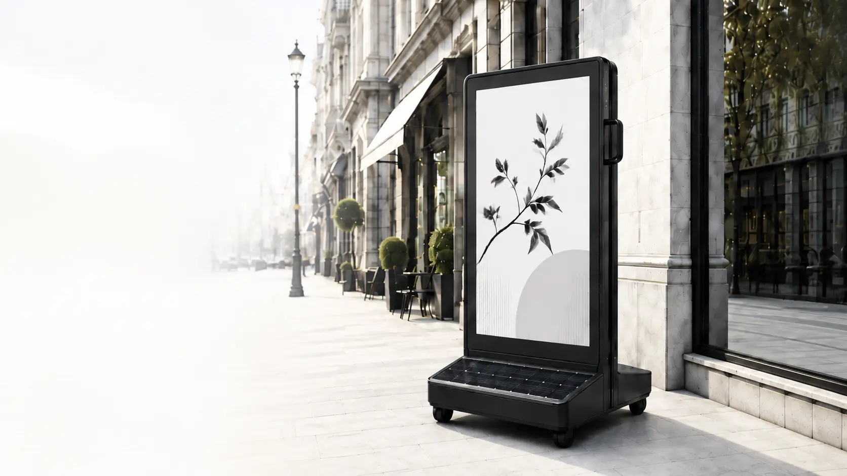 Autonomous double-sided e-paper sidewalk display in a European shopping street
