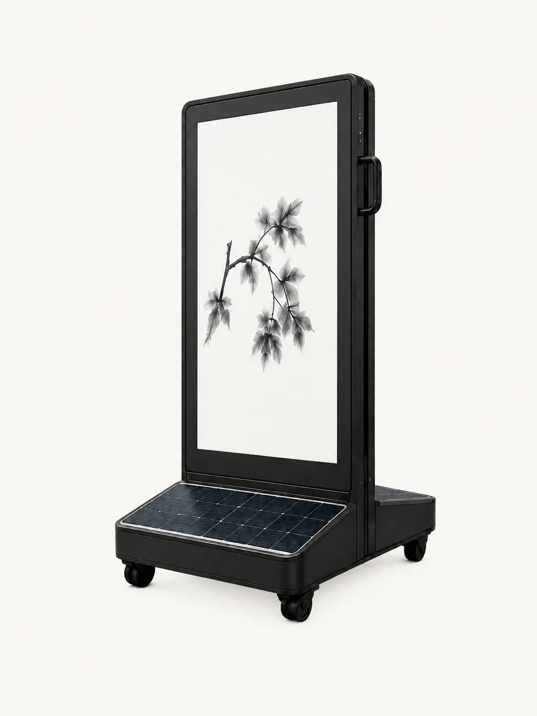 Double-sided autonomous e-paper sidewalk display with solar panels integrated into the base